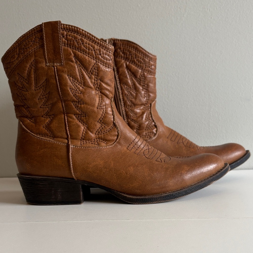 Coconuts Western Ankle Boots Brown Embroidered Zip Festival